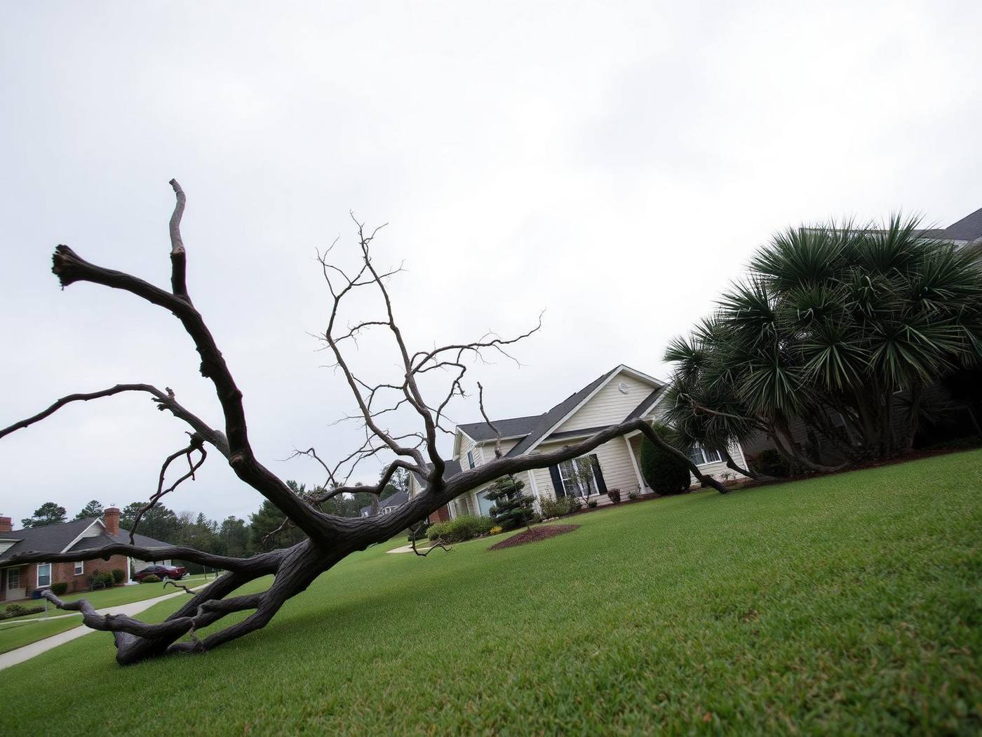 Storm-damaged tree on a residential lawn in coastal North Carolina